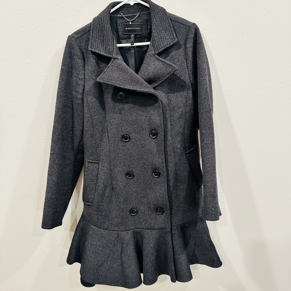 BCBGMAXAZRIA Women's Charcoal Grey Double Breasted Peplum Wool Blend Coat Size M